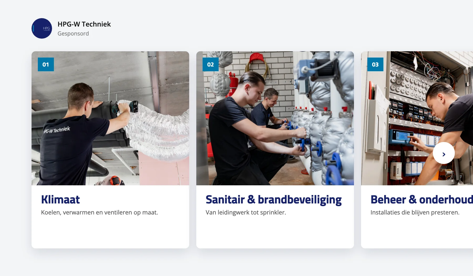 LinkedIn-carrousel met de drie diensten: klimaat, sanitair en brandbeveiliging, beheer en onderhoud