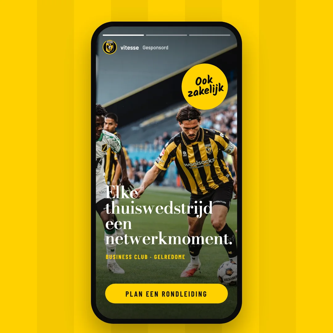 Instagram-story in een telefoon: Elke thuiswedstrijd een netwerkmoment.